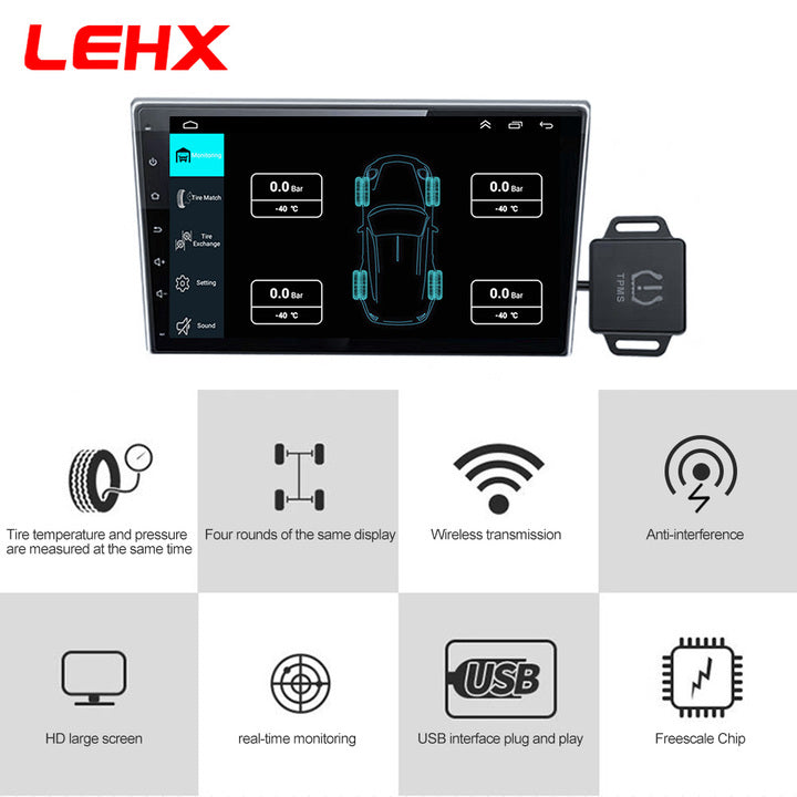 LEHX USB TPMS Car Tire Pressure Monitoring System Internal External 4 Sensor for Car Radio Android Multimedia Gps DVD Player