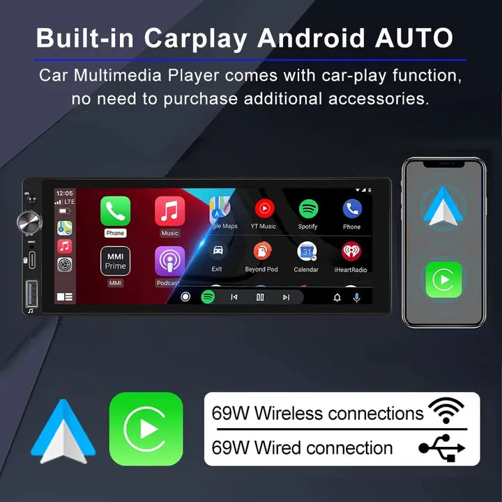 LEHX REPRODUCTOR DE DVD para coche 1din 6,9 IPS pantalla táctil Carplay Android Auto Mirror Link coche Radio Multimedia coche estéreo MP3 MP5 Player