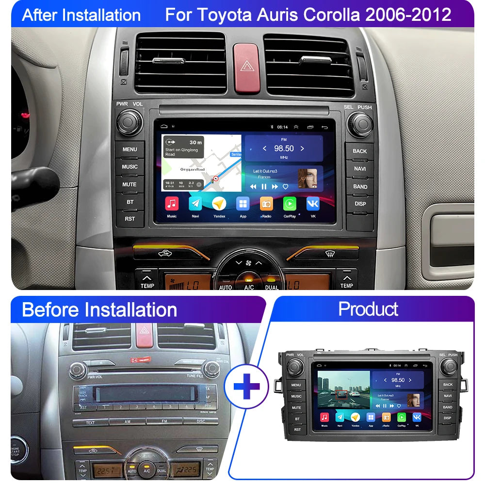 LEHX car dvd player 2din Android 14 Carplay For Toyota Auris Corolla 2006-2012 Car Radio multimedia Player GPS WIFI android Auto