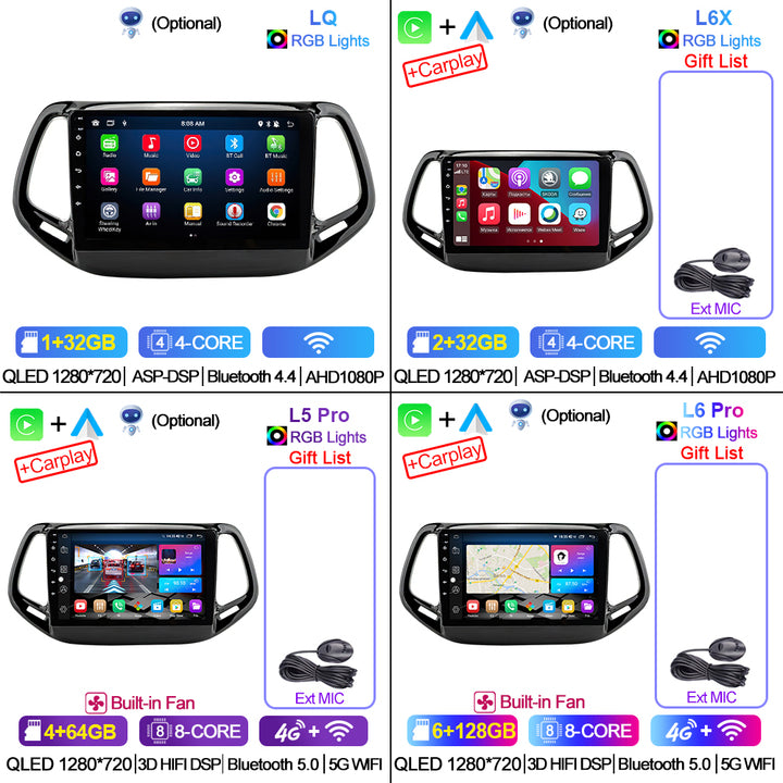 LEHX Android 12 Auto Car Radio Video Player for Jeep Compass 2 MP 2017-2019 GPS Navigation CarPlay Stereo 2Din Car DVD Player
