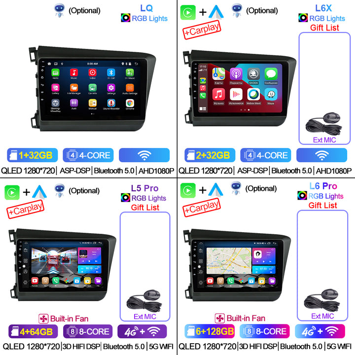 LEHX 2 Din Android 12 Auto Car Radio Multimedia Video Player for HONDA CIVIC 2012 -2015 2 Din Stereo GPS Carplay 8Core 4G+WIFI