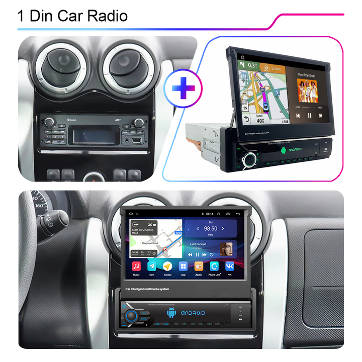 LEHX Android Auto 1Din Multimedia Player 7'' Universal Retractable Screen Car Radio MP5 GPS Carplay 1 DIN Stereo car dvd player