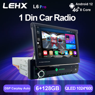 LEHX 7 Inch 1 Din Android 12 Car Radio Video Carplay Retractable Touch Screen GPS Navigation 1din Stereo Auto DVD Car DVD Player