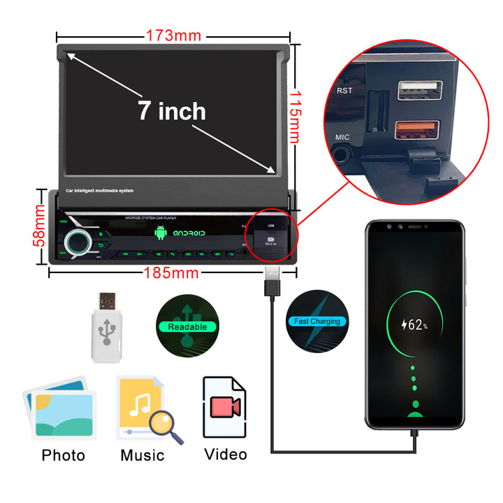 LEHX Android Auto 1Din Multimedia Player 7'' Universal Retractable Screen Car Radio MP5 GPS Carplay 1 DIN Stereo car dvd player