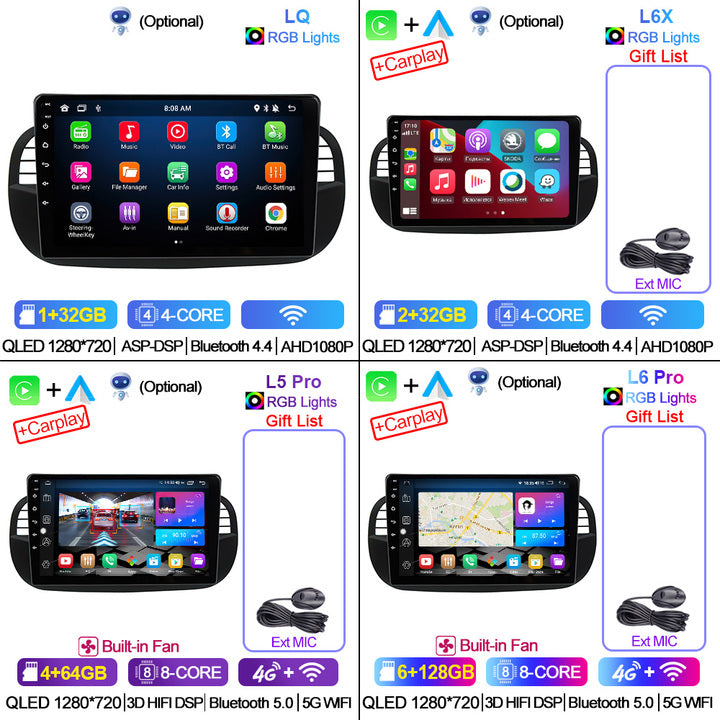 LEHX 8Core 4G+5G Wifi 2 Din Android Auto Stereo Car Radio Multimedia for FIAT 500 Carplay GPS Autoradio Car DVD Player
