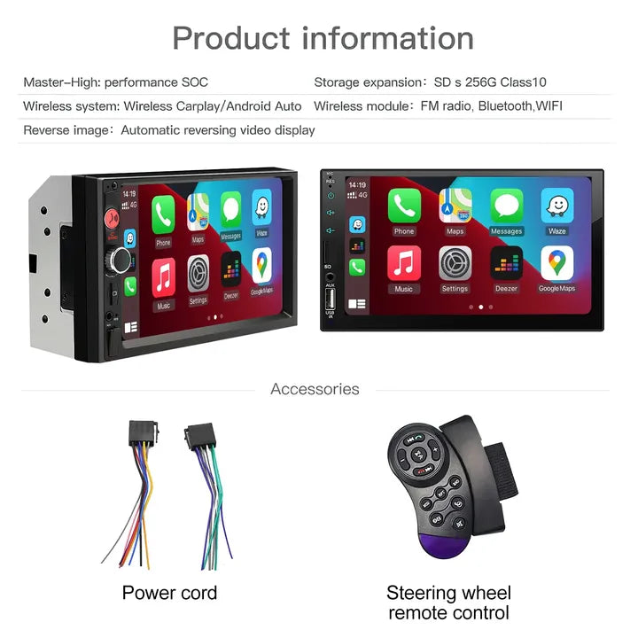 7 Inch IPS Wireless CarPlay Android Auto 2 Din Stereo Multimedia Player autoradio Headunit Bluetooth Rear Camera