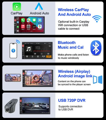 7 Inch IPS Wireless CarPlay Android Auto 2 Din Stereo Multimedia Player autoradio Headunit Bluetooth Rear Camera