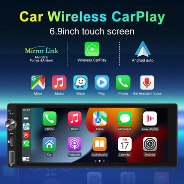 6.9" Universal 1 Din Wireless CarPlay Android Auto Car Radio Multimedia Video Player FM Stereo 1Din MP5 Receiver Camera