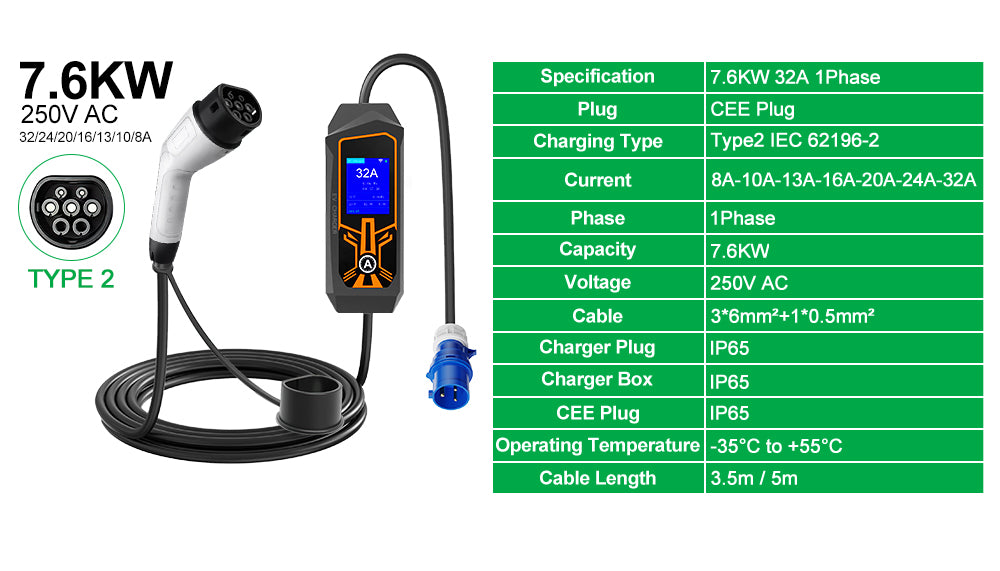 LEHX EV Charger Portable Wallbox Type2 Cable 32A 7.6KW With CEE Plug EVSE Type1 Car Charging j1772 Adapter for Electric Vehicle