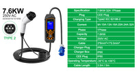 LEHX EV Charger Portable Wallbox Type2 Cable 32A 7.6KW With CEE Plug EVSE Type1 Car Charging j1772 Adapter for Electric Vehicle