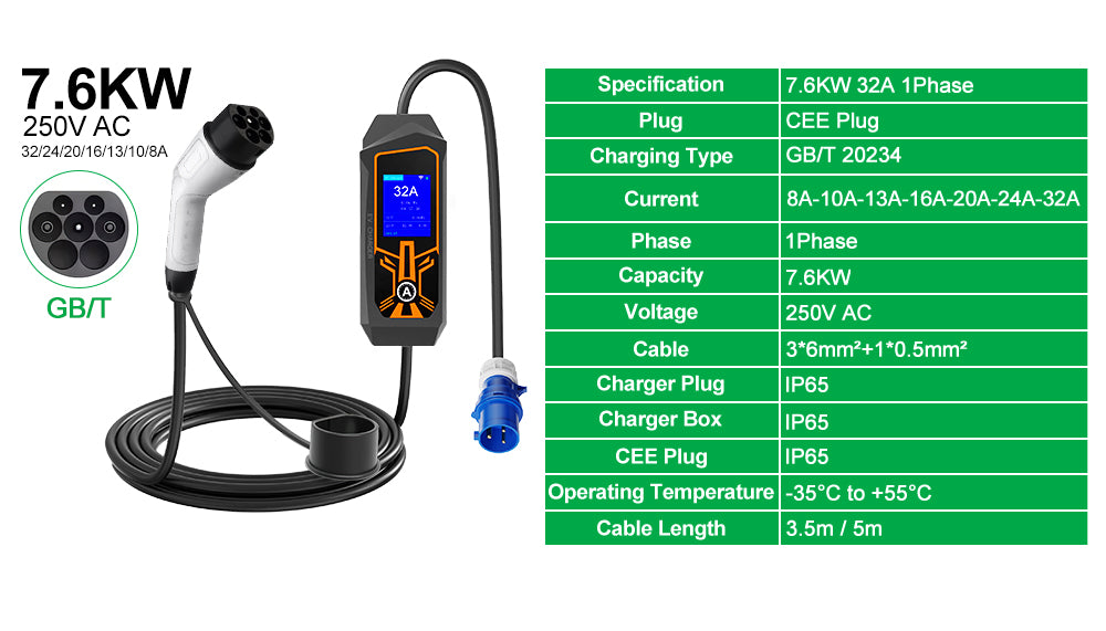 LEHX EV Charger Portable Wallbox Type2 Cable 32A 7.6KW With CEE Plug EVSE Type1 Car Charging j1772 Adapter for Electric Vehicle
