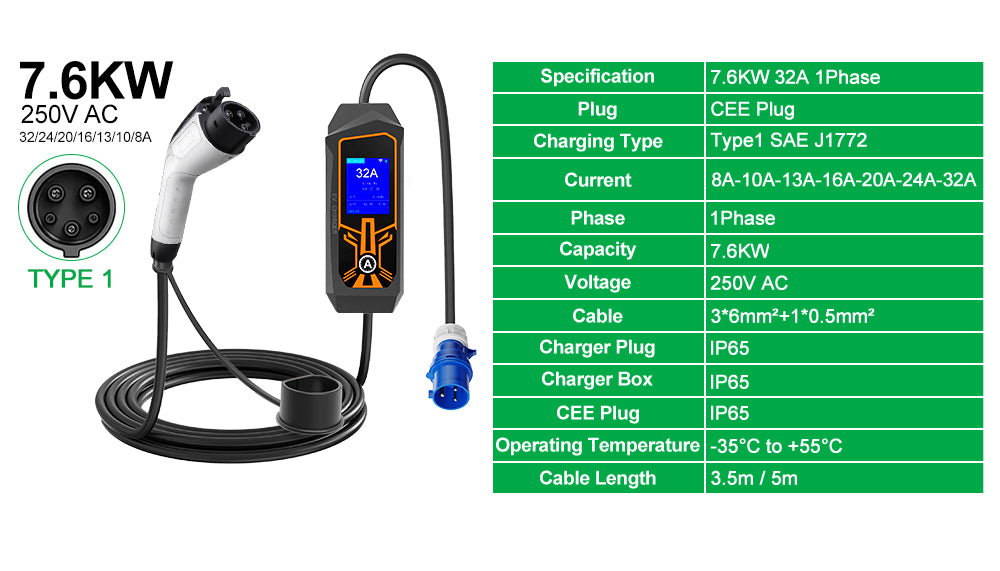 LEHX EV Charger Portable Wallbox Type2 Cable 32A 7.6KW With CEE Plug EVSE Type1 Car Charging j1772 Adapter for Electric Vehicle