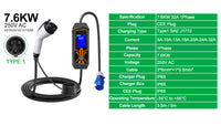 LEHX EV Charger Portable Wallbox Type2 Cable 32A 7.6KW With CEE Plug EVSE Type1 Car Charging j1772 Adapter for Electric Vehicle