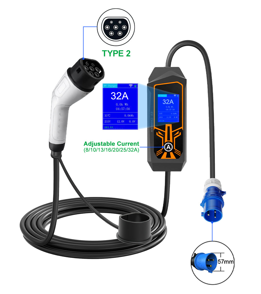 LEHX EV Charger Portable Wallbox Type2 Cable 32A 7.6KW With CEE Plug EVSE Type1 Car Charging j1772 Adapter for Electric Vehicle