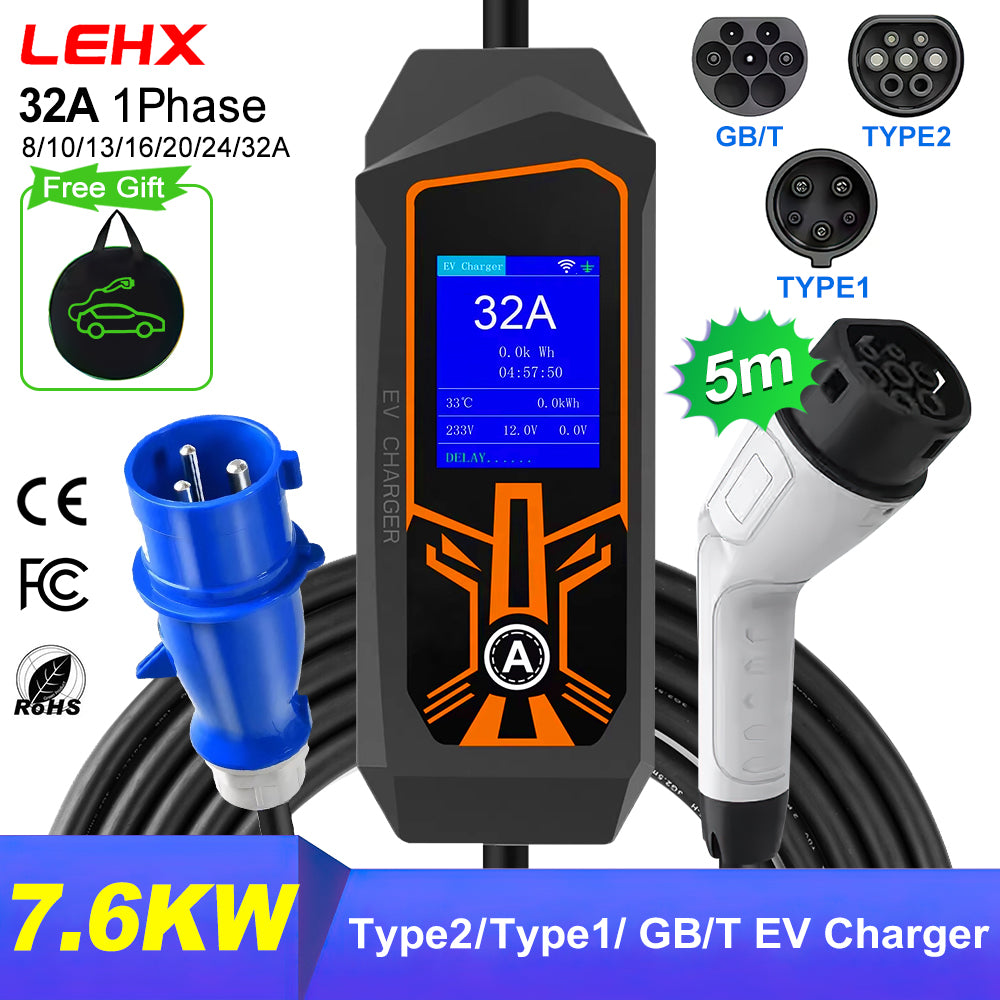 LEHX EV Charger Portable Wallbox Type2 Cable 32A 7.6KW With CEE Plug EVSE Type1 Car Charging j1772 Adapter for Electric Vehicle